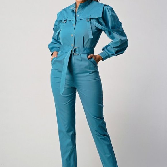 Teal Blue Belted Utility Jumpsuit - Picture 5 of 12